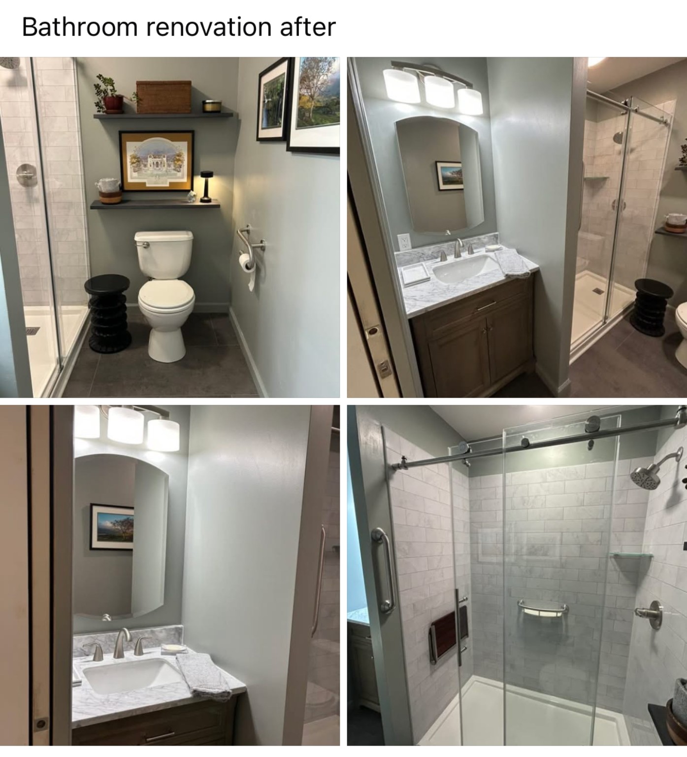 After: renovated vanity, tiled shower and toilet photo collection