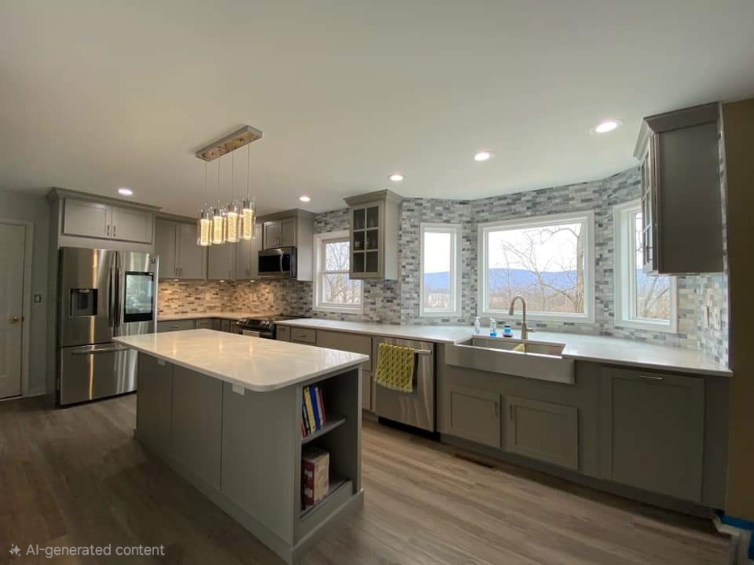 After: large kitchen with gray cabinets, island and farmhouse sink