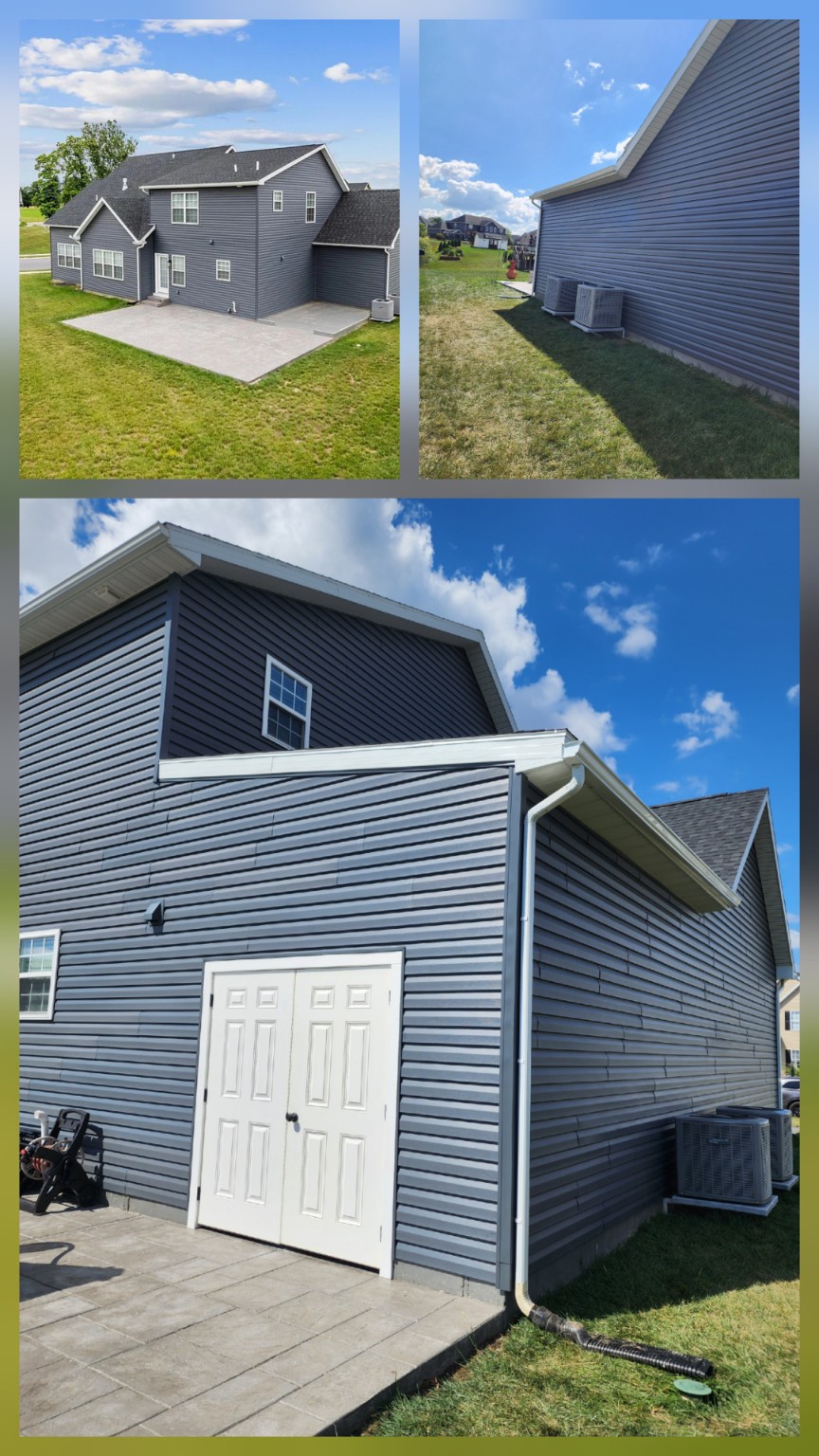 Attached shed project collage: two before views at the top and completed shed with double doors below