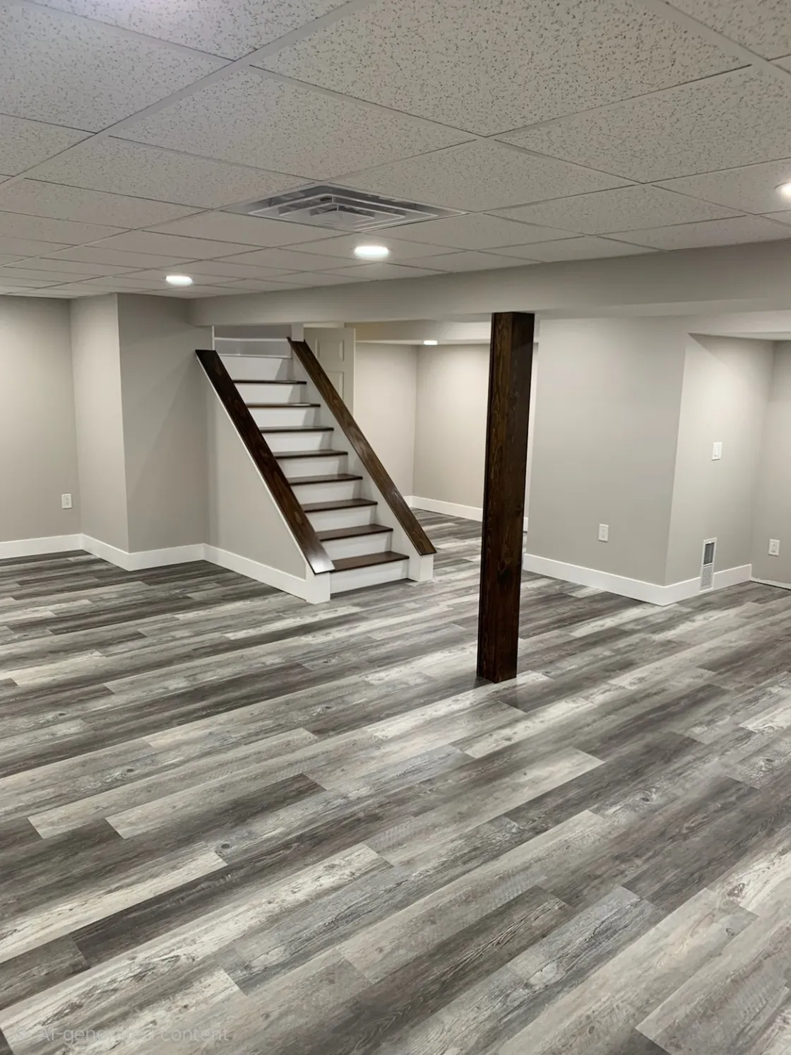 Finished basement with gray flooring, painted walls and finished staircase
